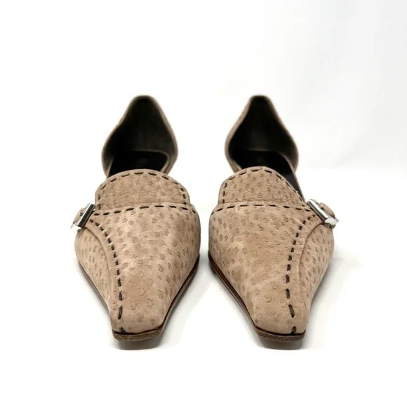 Vintage Prada 90s Y2K Ostrich Tan Brown Buckle Kitten Heels Pumps Shoes 37.5 7.5